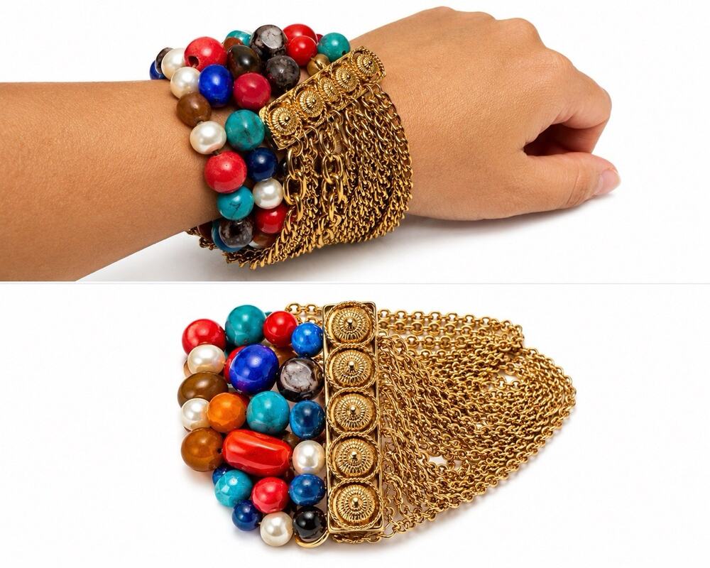 SPRING STREET MULTICOLOR BEADED STRETCH BRACELET GOLD TONE CHAIN STATEMENT